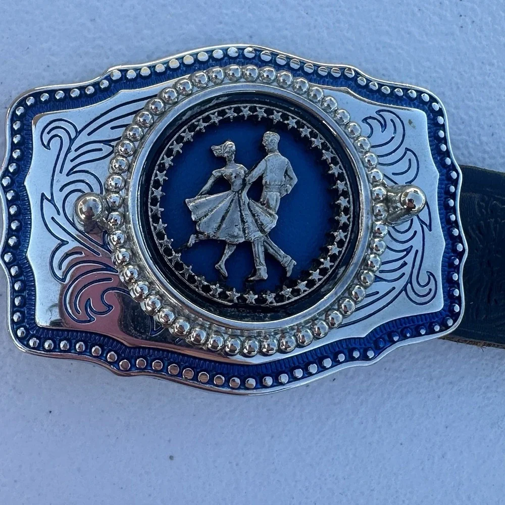 VTG Square Dancing Belt Buckle And Leather Black Belt Silver toned‎ And Blue USA